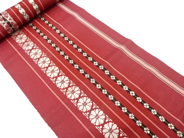 JAPANESE KIMONO / ANTIQUE BOLT FOR HASSUN OBI / WOVEN STRIPE & KIKU